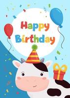 tarjeta de felicitación de feliz cumpleaños infantil con linda vaca, regalo y globos. animales de granja. personaje de dibujos animados de vectores.