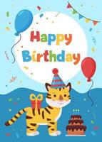 Greeting card with tiger, gift and balloon. Ideal for print postcards, poster, cards and invitations. Jungle animals. vector
