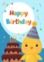 tarjeta de felicitación de cumpleaños de dibujos animados para niños. lindo pollo kawaii con pastel. animales de granja. perfecto para carteles, pancartas, postales e invitaciones. vector
