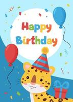 tarjeta de felicitación de vector con lindo leopardo de dibujos animados. postal de feliz cumpleaños. Animales de la selva. ideal para imprimir en tarjetas, invitaciones, pancartas, decoración infantil y carteles.