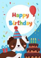 Happy Birthday greeting card for children. Cute cartoon dog with cake and balloon. Ideal for posters, postcards, invitations and banners. vector