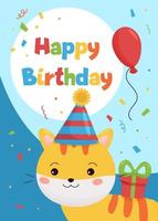 Linda mascota de dibujos animados en la tarjeta de felicitación de cumpleaños para niños. gato kawaii con regalo y globo. ideal para imprimir en carteles e invitaciones.