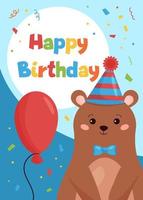 Happy Birthday greeting card template with funny bear and balloon. Vector cartoon character.