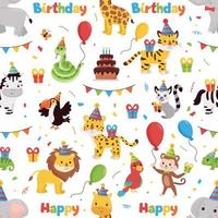 patrón vectorial sin costuras con animales de la selva, regalos, globos y banderas. ilustración de feliz cumpleaños. ideal para imprimir en papel, textil y scrapbooking. vector