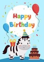 Happy Birthday greeting card with cute cartoon zebra, cake, balloons and gift. Cards template for invitations and postcards. Vector illustration.