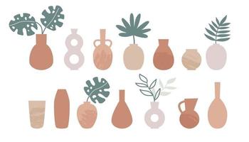 Set of ceramic and clay vases. Boho style pots. Hand drawn tropical leaves and plants. Vintage bottle and jug. Pastel earth colors. Flat vector illustration.