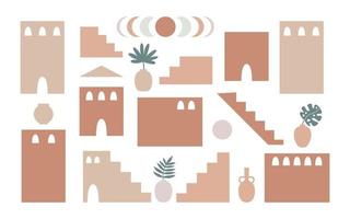 Boho style set of geometry architecture elements. Abstract buildings with Moroccan stairs, walls, arcs, plants in pots, sun and moons.  Contemporary aesthetic vector illustration.