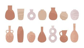 Vector set of ceramic boho vases. Pottery concept. Abstract clay pots with hand drawn textures. Antique ceramics colored silhouette. Trendy vintage bottles and jugs. Neutral pastel colors.