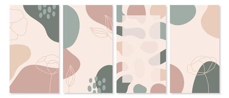 Social media stories backgrounds with abstract shapes, hand drawn flowers and leaves. Pastel beige and green colors. Floral covers. Vector template with space for text and images.