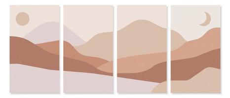 Vector set of abstract contemporary mid century landscape. Boho style posters with mountains, hills, sun and moon. Hand drawn texture. Flat design for wall art, poster, book cover, flyer and banner.