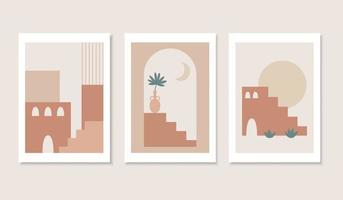 Set of abstract boho posters. Flat style architecture, stairs and plants in vase. Contemporary nature background. Bohemian style wall decor. Nature earth colors. Cityscape vector illustration.