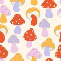 Seamless pattern with mushrooms Pop Color Style Flat Design 70s. Cool trendy retro of hipster retro cool psychedelic elements. Trend vector illustration.