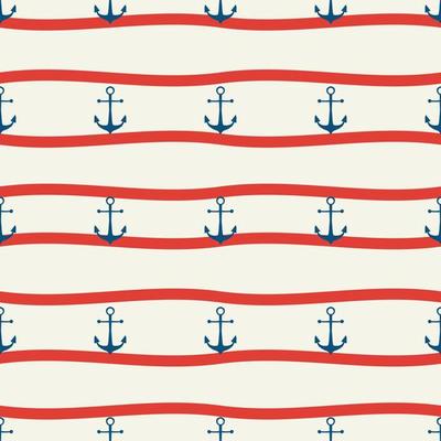 Vector hand drawn colored childish seamless repeat simple flat pattern with anchor and wawe . Pattern for children. Sea ocean.