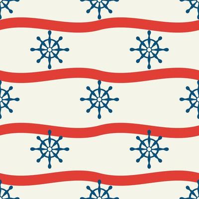 Vector hand drawn colored childish seamless repeat simple flat pattern with ships steering wheel and wawe . Pattern for children. Sea ocean.