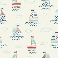 Vector color seamless repeating childish simple pattern with cute ships in Scandinavian style. Children's pattern with ships. Sea print.