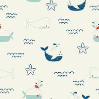 Vector hand drawn colored childish seamless repeating simple flat pattern with whales and starfish in scandinavian style. Cute baby animals. Pattern for children with whales.