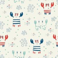 Vector hand drawn colored childish seamless repeat simple flat pattern with crabs and fishes in scandinavian style. Pattern for children with crabs. Sea ocean. Undersea world.