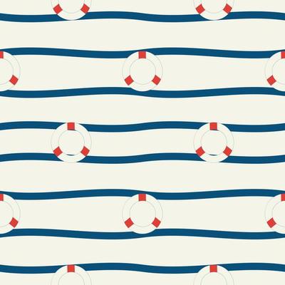 Vector hand drawn colored childish seamless repeat simple flat pattern with lifebuoy and waves . Pattern for children. Sea ocean.