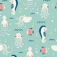 Vector hand drawn colored childish seamless repeating simple flat pattern with seahorses, fishes and octopuses in scandinavian style. Cute baby animals. Pattern for children with sea animals.