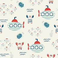 Vector hand drawn colored childish seamless repeat simple flat pattern with crabs and submarines in scandinavian style. Cute baby animals. Pattern for children with crabs.