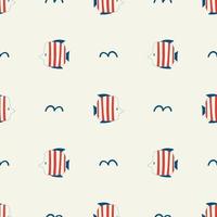 Vector hand drawn colored childish seamless repeating simple flat pattern with fishes in scandinavian style. Cute baby animals. Sea. Ocean.