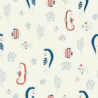 Vector hand drawn colored childish seamless repeating simple flat pattern with seahorses and fishes in scandinavian style. Cute baby animals. Pattern for children with sea animals.