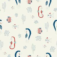 Vector hand drawn colored childish seamless repeating simple flat pattern with seahorses and fishes in scandinavian style. Cute baby animals. Pattern for children with sea animals.