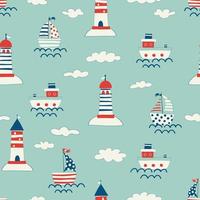 Nautical seamless pattern with lighthouse, steamship and yachts. Background with towers for marine navigation. illustration for wrapping paper, fabric print, wallpaper. Sea. Ocean vector