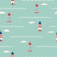 Seamless pattern with different lighthouses drawn with contour lines. Background with towers for marine navigation. illustration for wrapping paper, fabric print, wallpaper. Sea. Ocean. vector