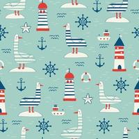 Nautical seamless pattern with lighthouse, steamship and yachts. Background with towers for marine navigation. illustration for wrapping paper, fabric print, wallpaper. Sea. Ocean. vector