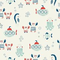 Vector hand drawn colored childish seamless repeat simple flat pattern with crabs and submarines in scandinavian style. Cute baby animals. Pattern for children with crabs.