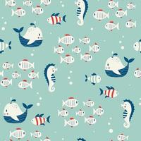 Vector hand drawn colored childish seamless repeating simple flat pattern with seahorses, whales and fishes in scandinavian style. Cute baby animals. Pattern for children with sea animals.