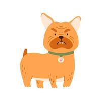 lindo pequeño bulldog sentado y sonriente. mascota de perro de caricatura divertida, ilustración vectorial aislada para impresión, juego, fiesta, diseño de niños. vector