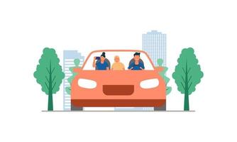 Happy family travelling by car illustration. Travel, road trip, transportation concept vector