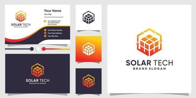 logotipo de tecnología solar con concepto de cubo creativo y vector premium de diseño de tarjeta de visita