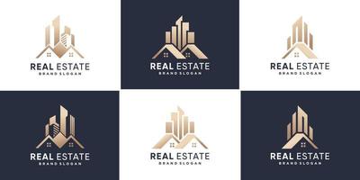 colección de logotipos inmobiliarios con vector premium de estilo creativo dorado