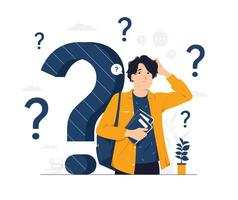 Male Student feeling confused while looking up with thoughtful focused expression, Questioned, thinking, and curious with question mark concept illustration vector