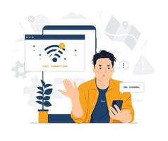 Unhappy young man looking at the phone, feeling angry about bad device work, internet disconnection, lost data. Anxious male user dissatisfied with service concept illustration vector