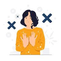 Woman says no and makes stop gesture, forbids something and expresses disagreement, Body language No means no concept illustration vector