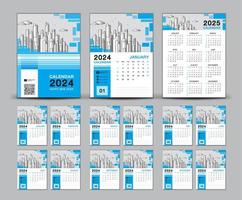 conjunto de diseño de calendario 2024 y plantilla de calendario de portada azul 2024, semana comienza el domingo, calendario de pared 2025 año, diseño de calendario de escritorio, planificador, impresión, afiche, publicidad, vector eps10