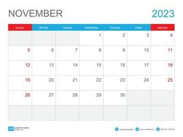 noviembre de 2023 diseño de plantilla-calendario 2023, plantilla de calendario de escritorio 2023, planificador simple, semana comienza el domingo, papelería, calendario de pared, impresión, publicidad, ilustración vectorial vector