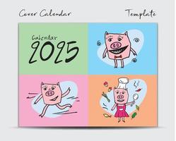 plantilla de diseño de calendario de portada 2025 con lindo vector de cerdo, calendario de escritorio mínimo año 2025, letras, plantilla de portada de folleto, diario, postal, tarjeta de regalo, personaje de caricatura de cerdo, evento de vacaciones