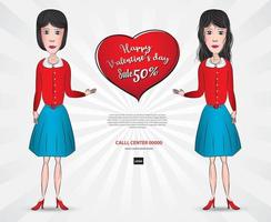 Young Business woman with heart shape vector illustration of a flat design. for valentine's day card, banner, poster, ads. beautiful girls. cartoon portraits. Flat cartoon girl in red uniform.