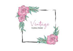 marco cuadrado vintage con ilustración de vector de rosa rosa se puede utilizar para invitación, boda, tarjetas de felicitación, marco floral, pintura de rosa