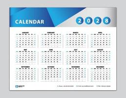 plantilla de calendario 2028, diseño de calendario de escritorio 2028, calendario de pared año 2028, conjunto de 12 meses, semana comienza el domingo, planificador, organizador anual, papelería, inspiración de calendario, vector de fondo azul