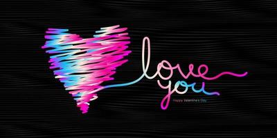 Heart and Love you lettering hand drawn for happy valentine's day banner. Valentine's day social banner, wedding, card, poster, backdrop, ads, colorful love you logo design for t-shirt, heart vector