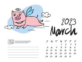 Calendar 2023 design template with Cute Pig vector illustration, March 2023 artwork, Lettering, Desk calendar 2023 layout, planner, wall calendar template, pig cartoon character, holiday event