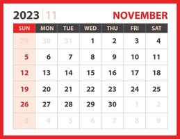 November 2023 template, Calendar 2023 design vector, planner layout, Week starts Sunday, Desk calendar 2023 template, Stationery. Wall calendar on red background, vector eps 10