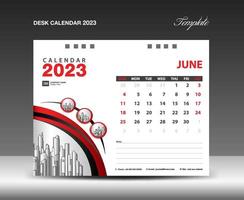 plantilla de junio de 2023, vector de diseño de calendario 2023, diseño de planificador, semana comienza el domingo, plantilla de calendario de escritorio 2023, papelería. calendario de pared sobre fondo rojo, vector eps 10