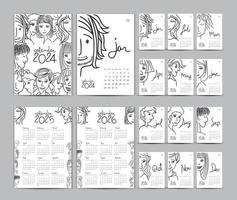 Calendar 2024 template set and Calendar 2025-2026 year, Desk calendar 2024 design, Planner, Lettering, hand drawn cartoon hipster people vector Can be used for, postcard, gift card, poster, diary